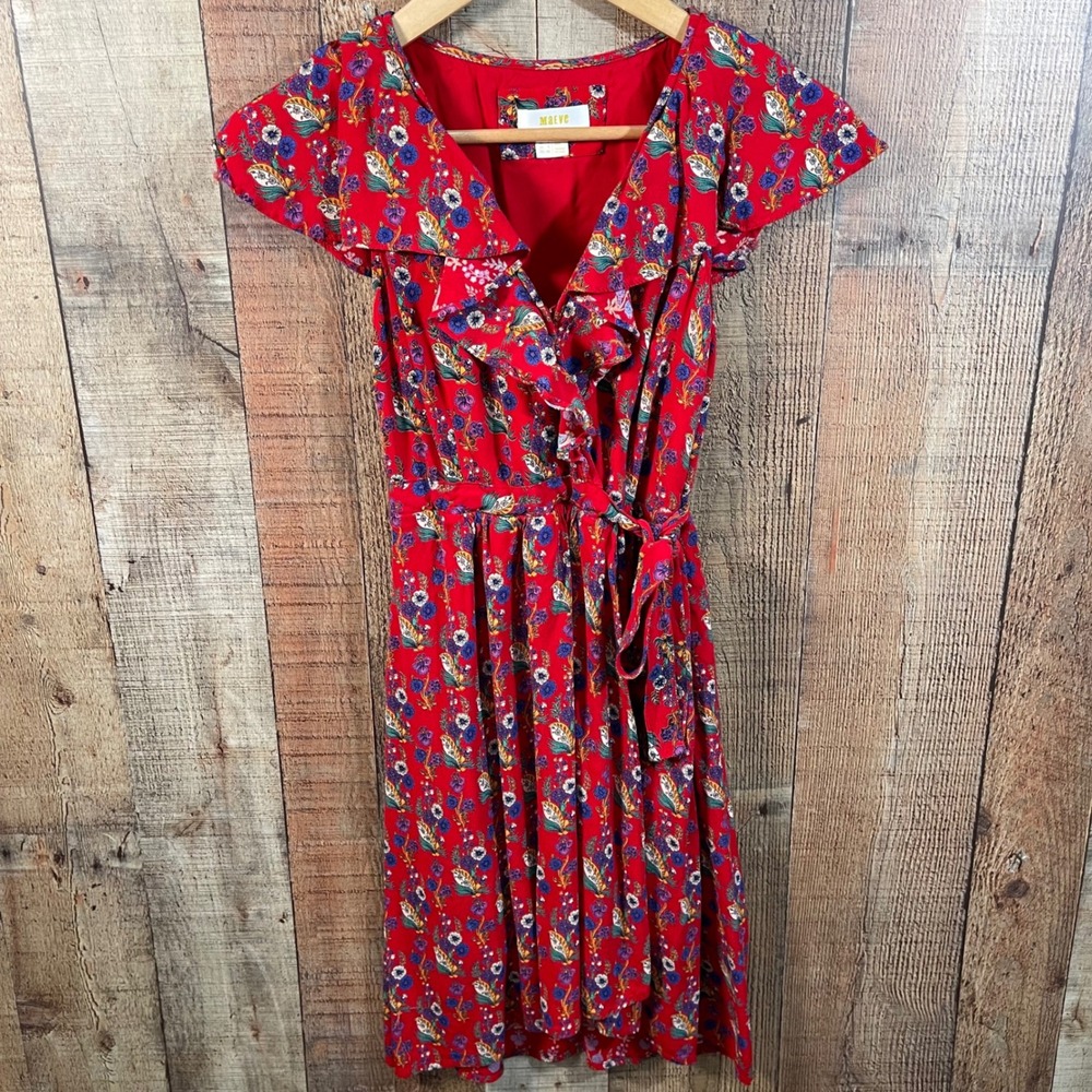 Maeve Anthropologie Rosalia Red Floral Ruffle Faux Wrap Dress Size 0 XS Mini